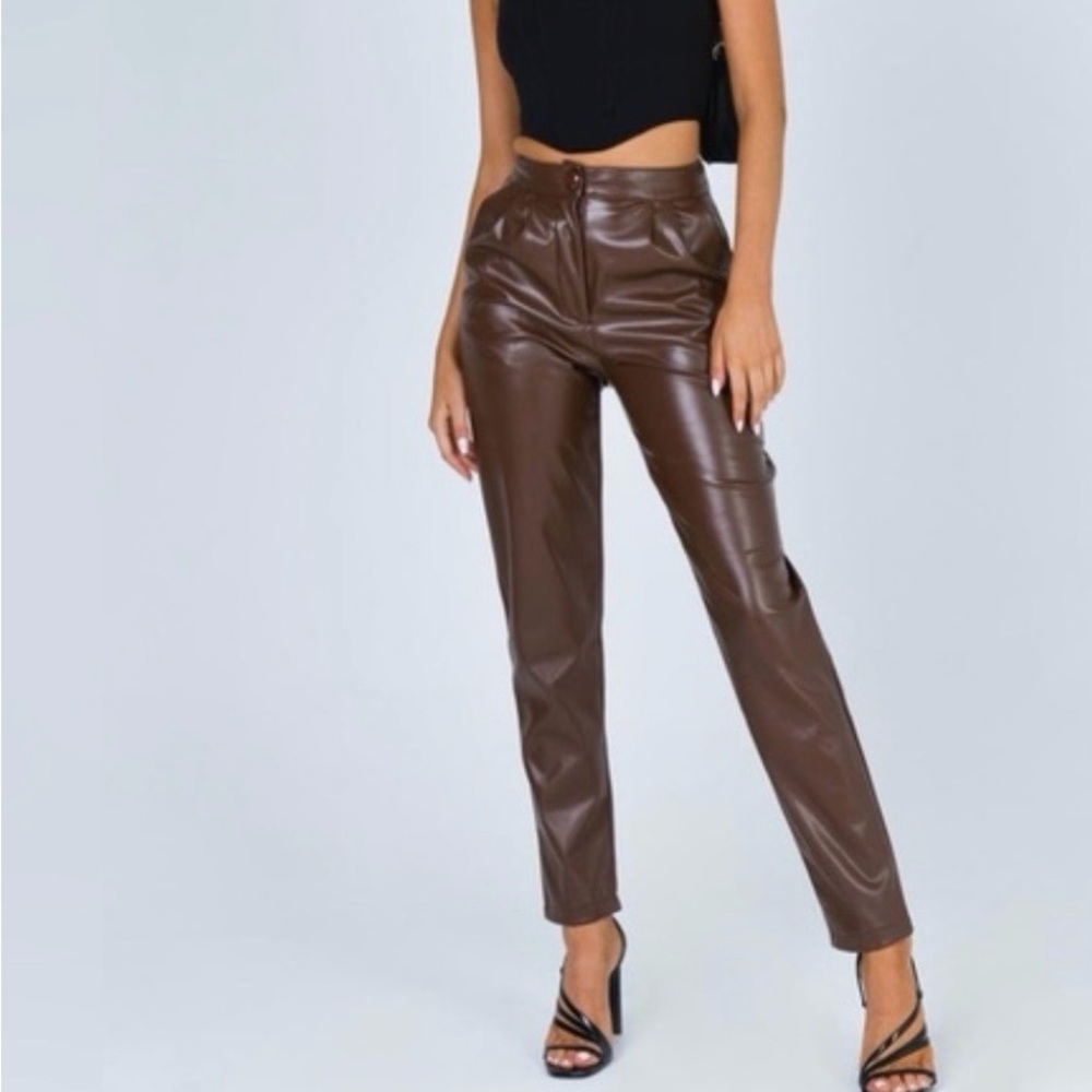 Princess Polly Chocolate Brown Straight Leg Leather Pants